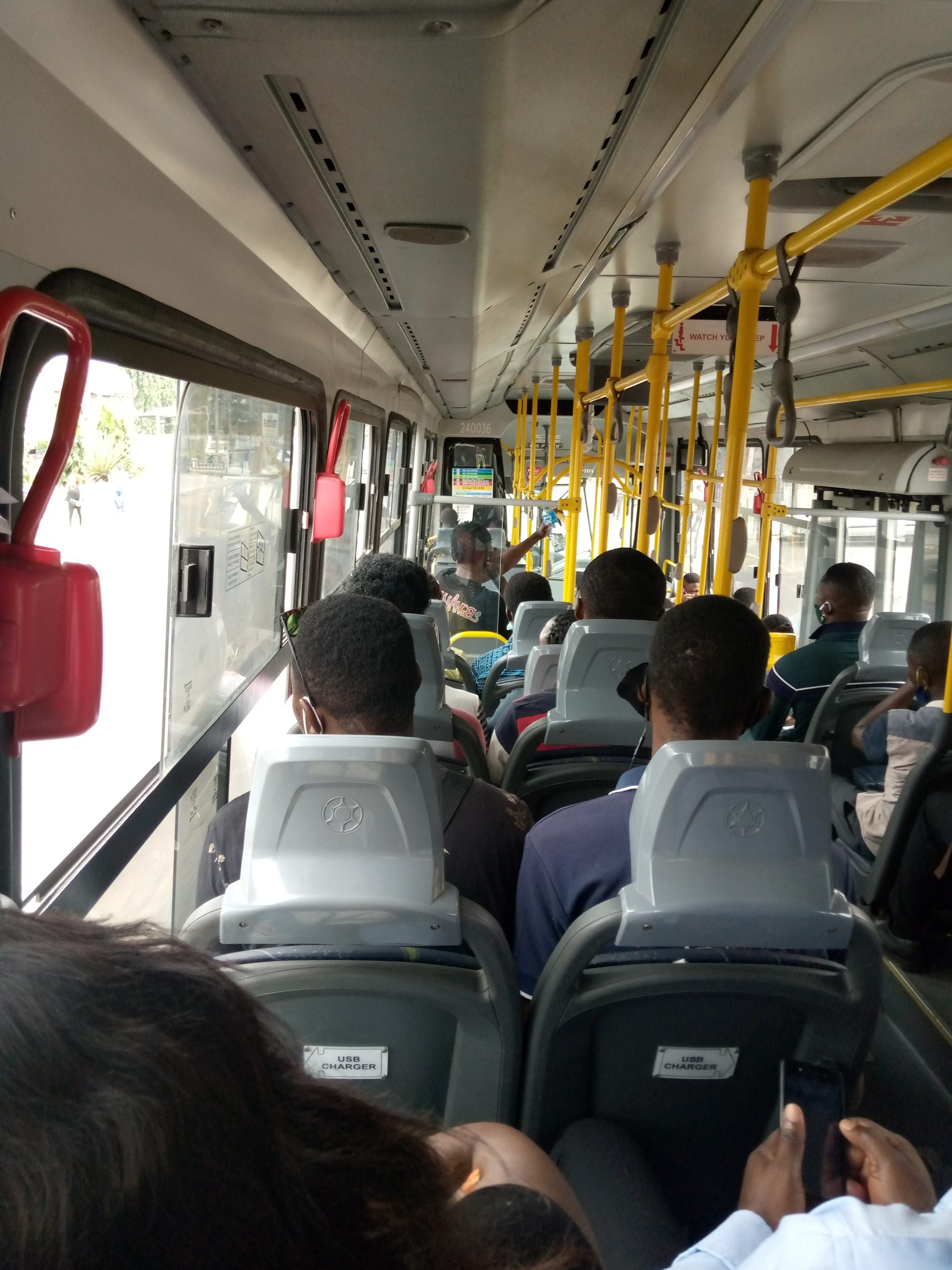 Zero physical distancing inside Lagos BRT on full load.